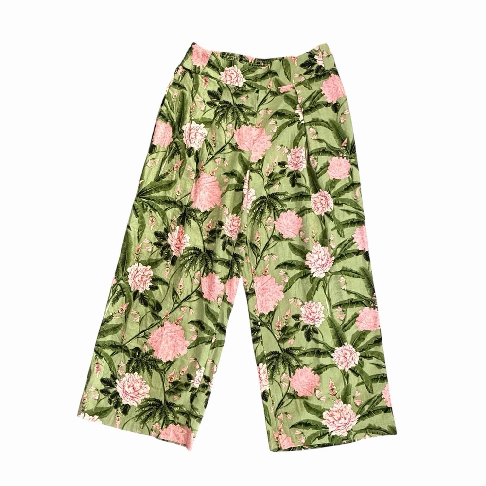 Aquabendita Target Pants L Linen Floral Wide Leg Pleated Cottage Core Boho READ